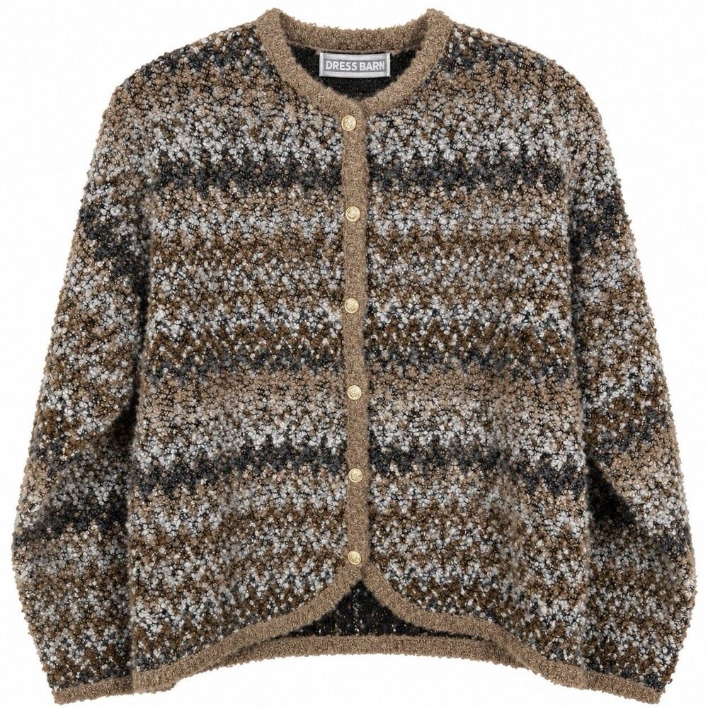 VTG Dress Barn Womens Large Boucle Cardigan Brown Wool Blend Gold Button Sweater